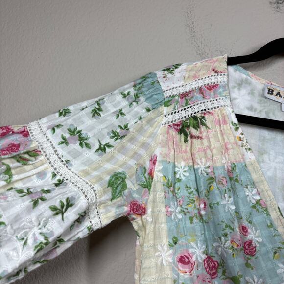 Barok Large Mini Dress Green White Cotton Ruffled Embroidered Balloon Sleeves - Picture 6 of 10